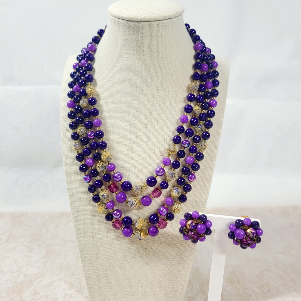Vintage Multi strand Purple Beaded Bib Necklace and Clip On Earrings Set Japan